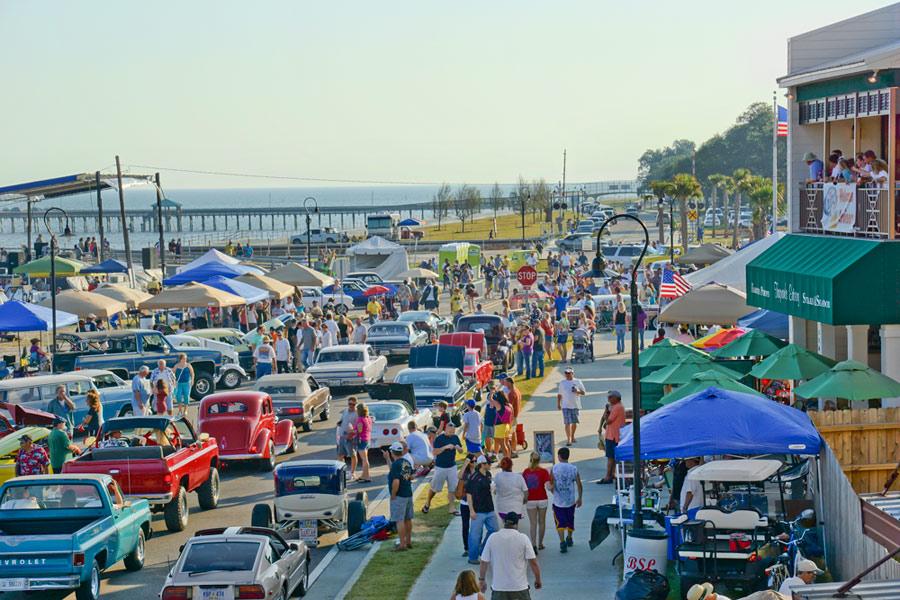 Aerial view of downtown Bay St. Louis near the waterfront and main street