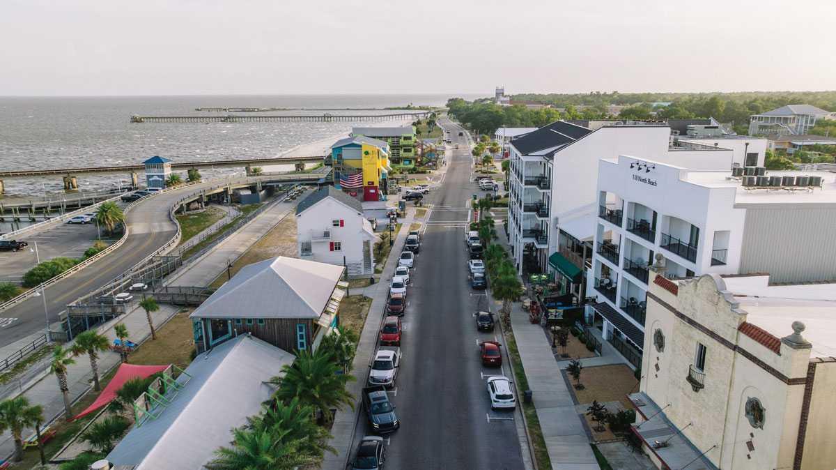 Aerial view of downtown Bay St. Louis near the waterfront