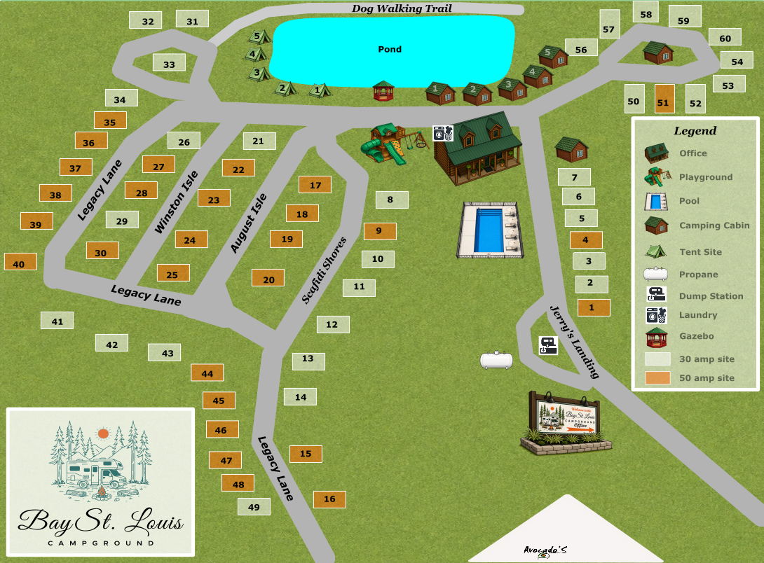 Site map of Bay St. Louis Campground showing numbered sites and campground roads